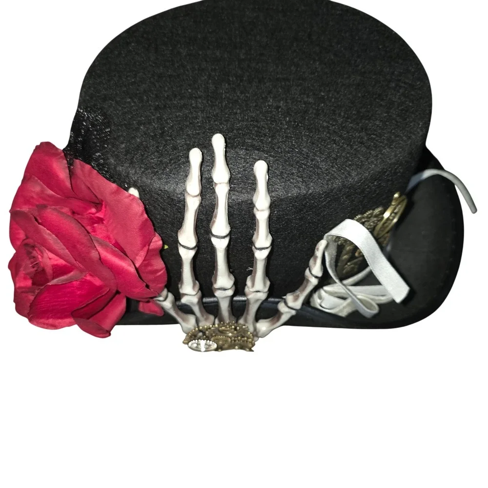 Black Steampunk Top Hat Skeleton Hand Red‎ Rose Gothic Cosplay Costume Accessory